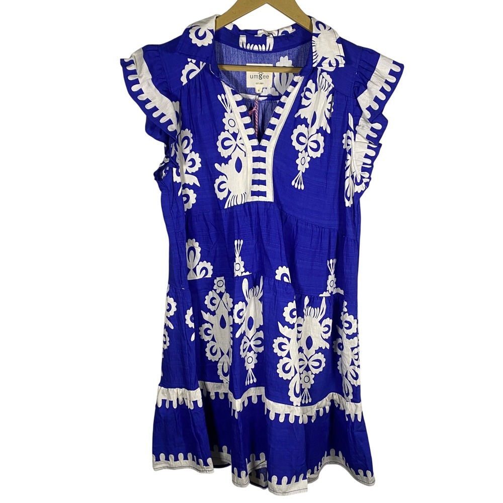NWT Umgee Blue Medallion Tiered Babydoll Mini Dress Ruffle Sleeve Womens Medium - Picture 2 of 9
